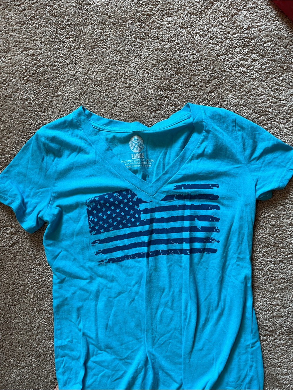 Turquoise V-Neck T-Shirt with Distressed American Flag
